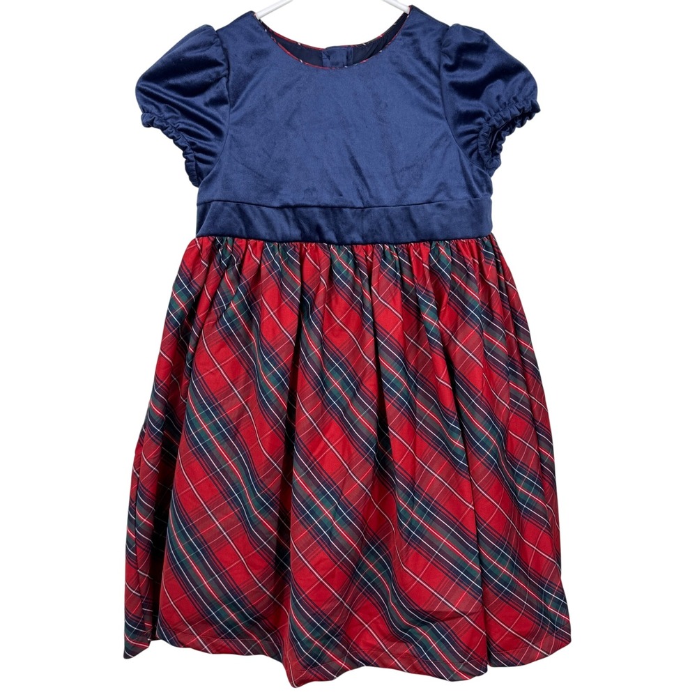Max Studio Plaid Dress Girls 7 Navy Red Christmas Holiday Velvet Bow Party NWT